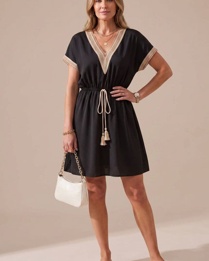 Women's Boho V Neck Lace Trim Mini Summer Dress