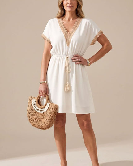 Women's Boho V Neck Lace Trim Mini Summer Dress