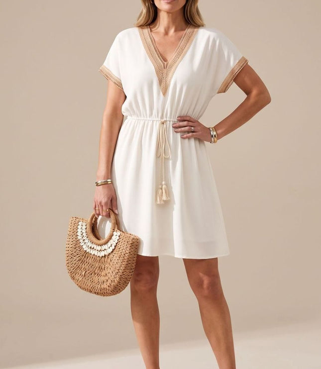 Women's Boho V Neck Lace Trim Mini Summer Dress