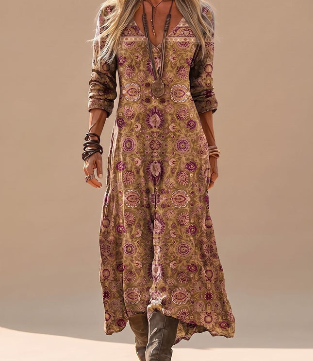Women's Boho Vintage Print Long Sleeve Maxi Dress