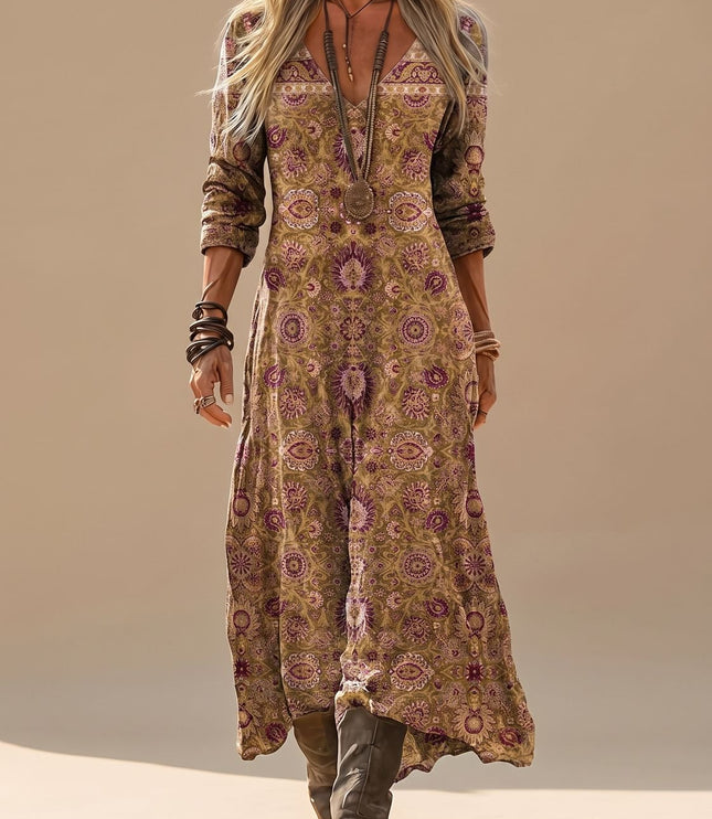 Women's Boho Vintage Print Long Sleeve Maxi Dress