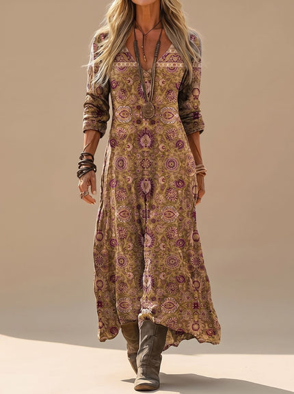 Women's Boho Vintage Print Long Sleeve Maxi Dress