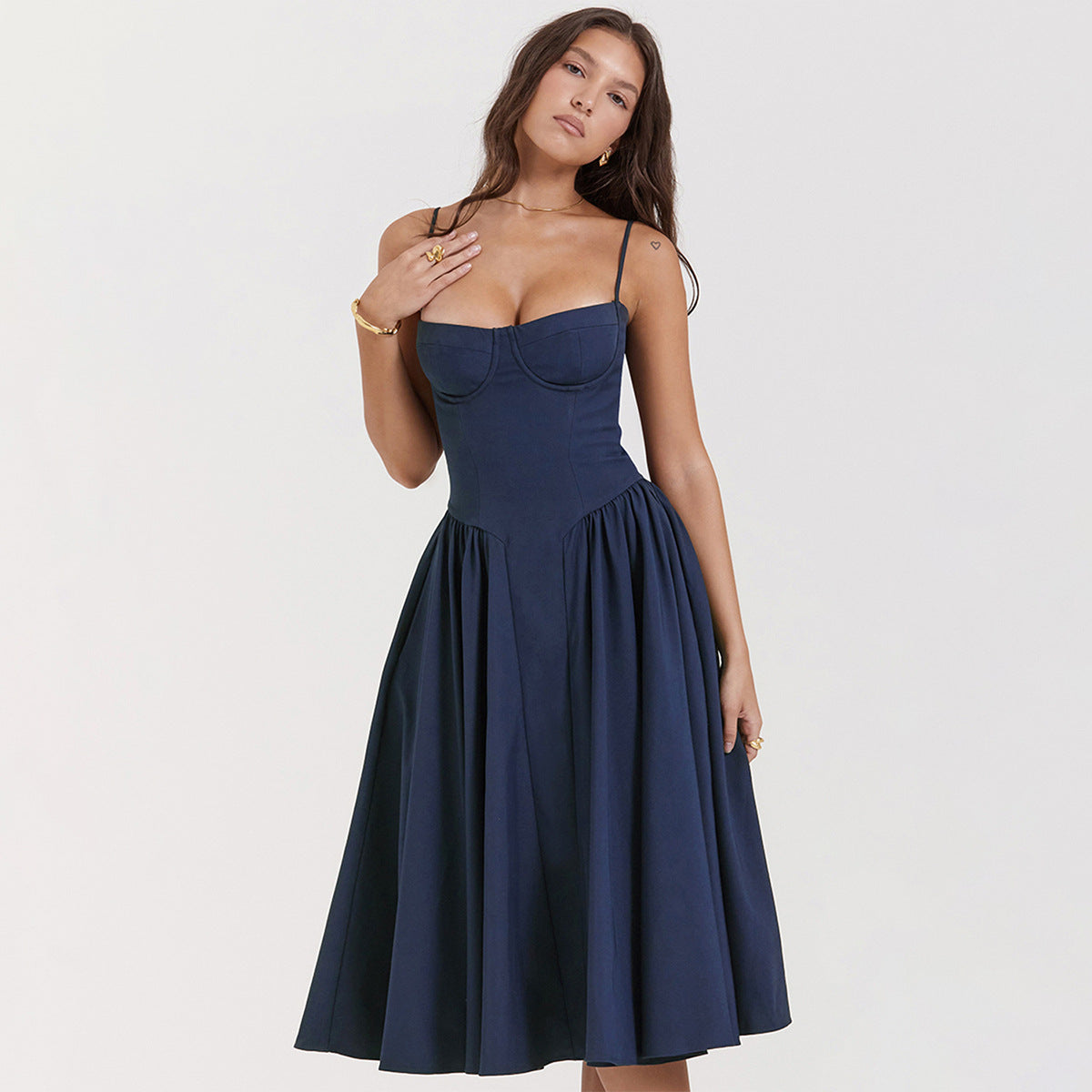 Navy blue adjustable strap midi dress with sweetheart bodice and voluminous skirt
