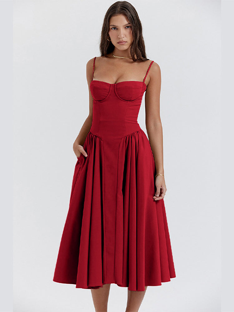 Red adjustable strap midi dress with structured bust, fitted waist, and midi-length skirt