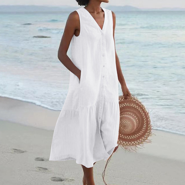 Women's Breezy Button-Placket Dress in Linen