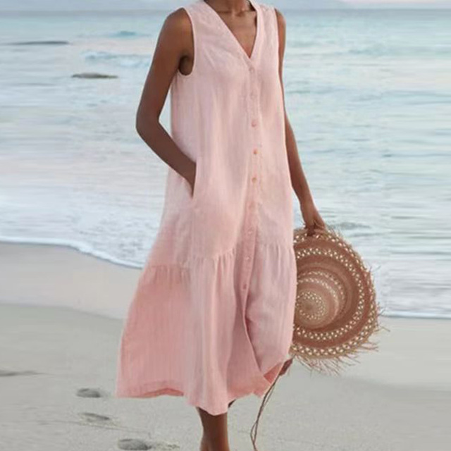 Women's Breezy Button-Placket Dress in Linen