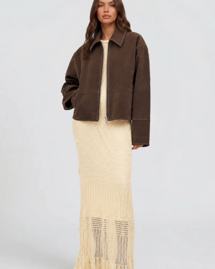 Women's Brown Cropped Faux Suede Zip Up Fall Jacket