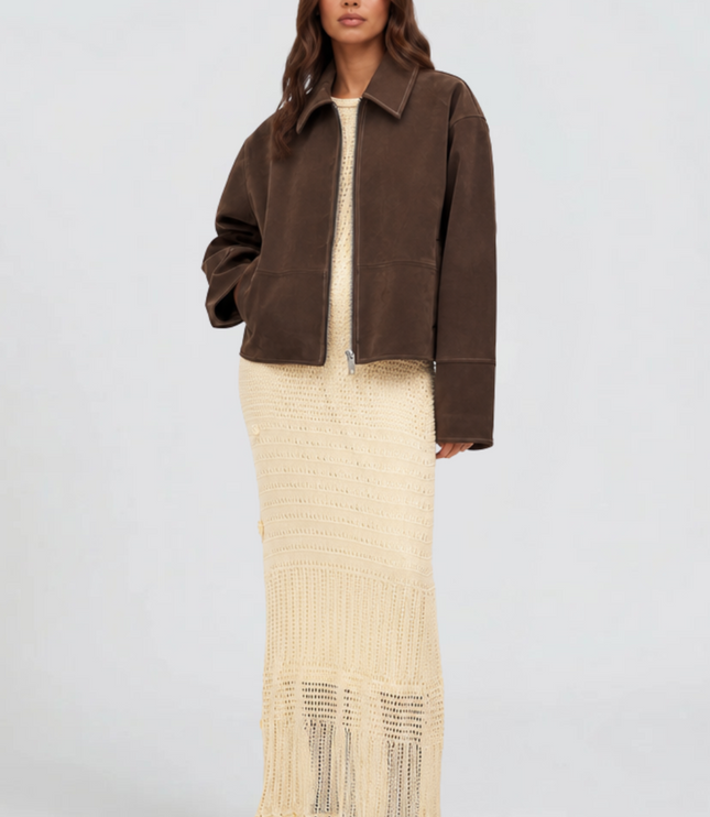 Women's Brown Cropped Faux Suede Zip Up Fall Jacket