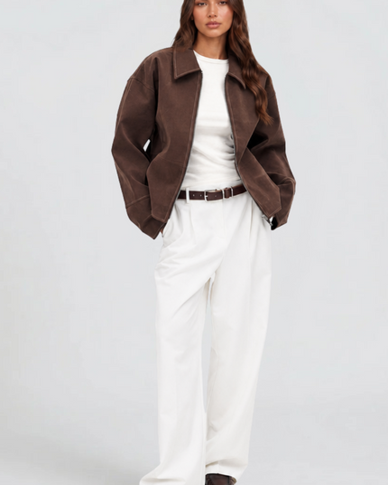 Women's Brown Cropped Faux Suede Zip Up Fall Jacket