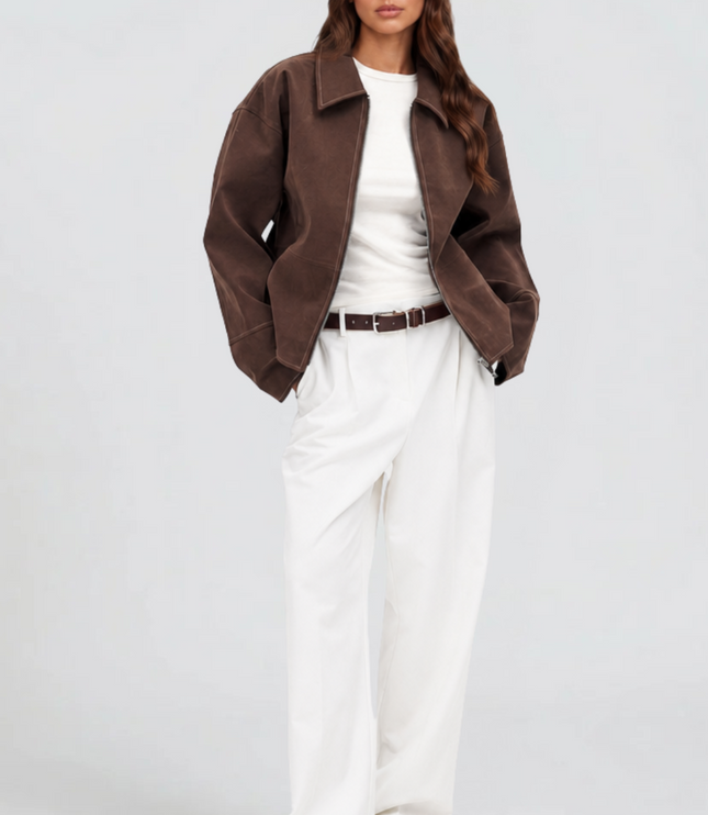 Women's Brown Cropped Faux Suede Zip Up Fall Jacket