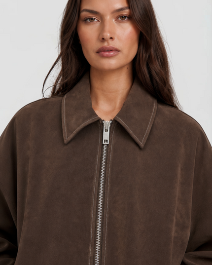Women's Brown Cropped Faux Suede Zip Up Fall Jacket