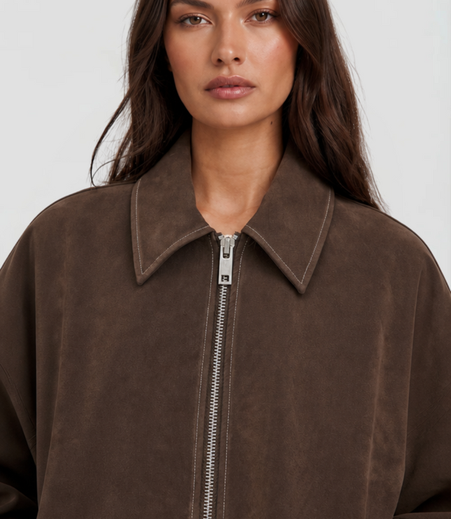 Women's Brown Cropped Faux Suede Zip Up Fall Jacket