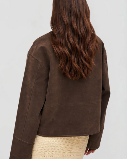 Women's Brown Cropped Faux Suede Zip Up Fall Jacket