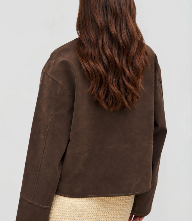 Women's Brown Cropped Faux Suede Zip Up Fall Jacket