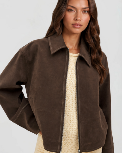 Women's Brown Cropped Faux Suede Zip Up Fall Jacket
