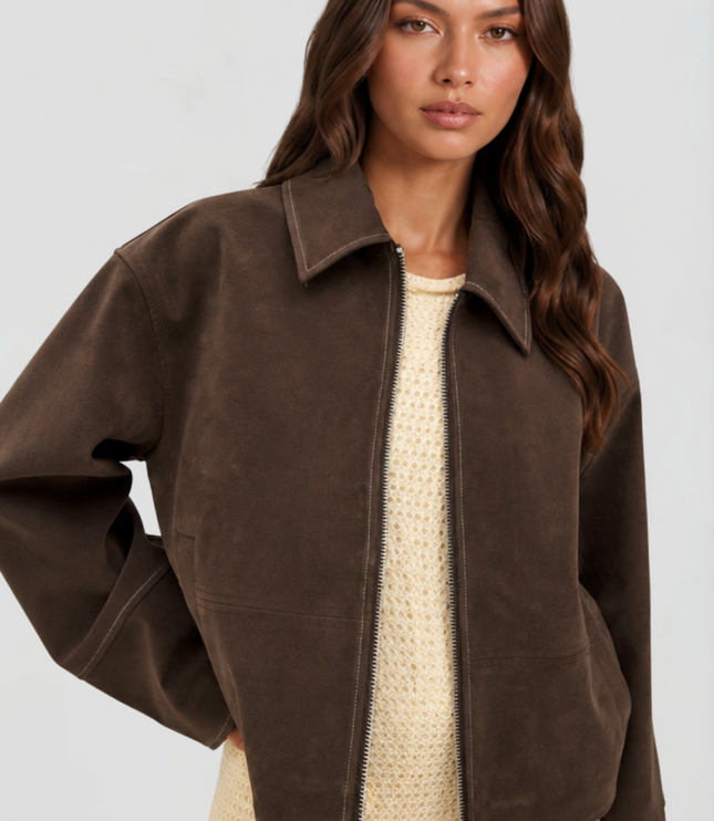 Women's Brown Cropped Faux Suede Zip Up Fall Jacket