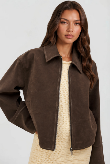 Women's Brown Cropped Faux Suede Zip Up Fall Jacket