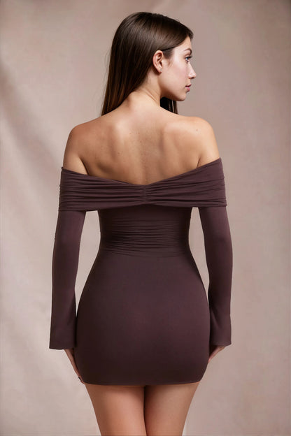 Women's Brown Off Shoulder Long Sleeve Homecoming Mini Dress