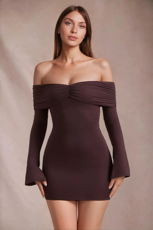 Women's Brown Off Shoulder Long Sleeve Homecoming Mini Dress
