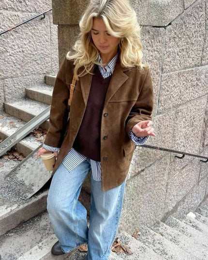 Women's Brown Suede Button-Front Layering Jacket