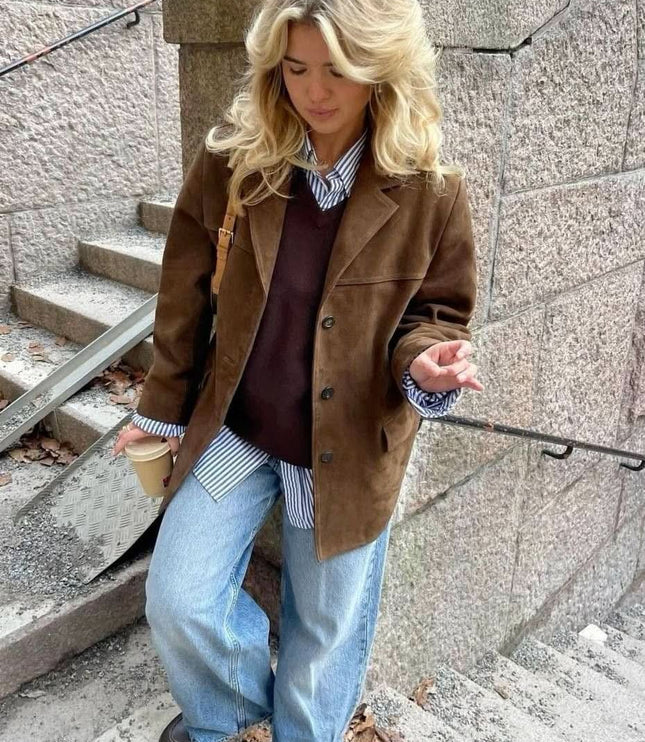 Women's Brown Suede Button-Front Layering Jacket