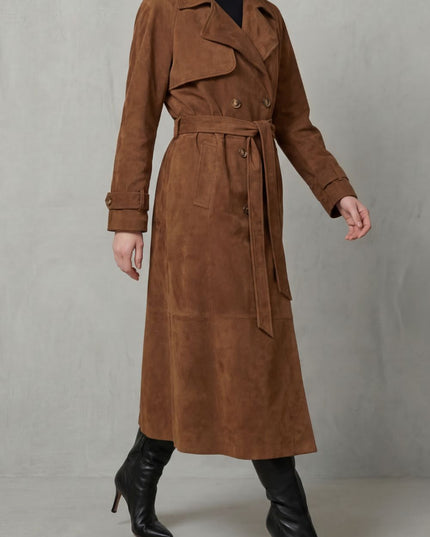 Women's Brown Suede Double Breasted Trench Coat
