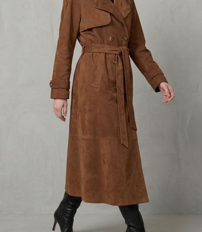 Women's Brown Suede Double Breasted Trench Coat