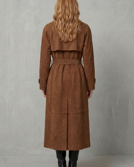 Women's Brown Suede Double Breasted Trench Coat