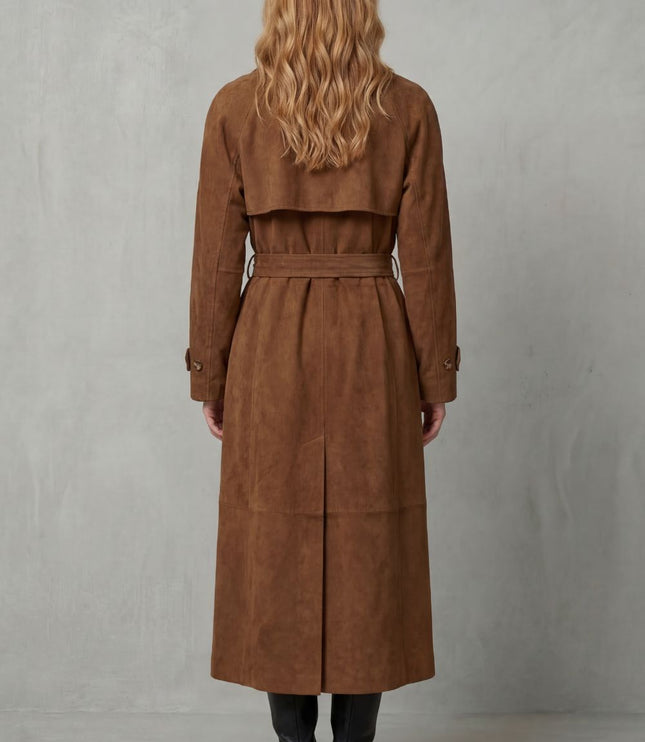 Women's Brown Suede Double Breasted Trench Coat
