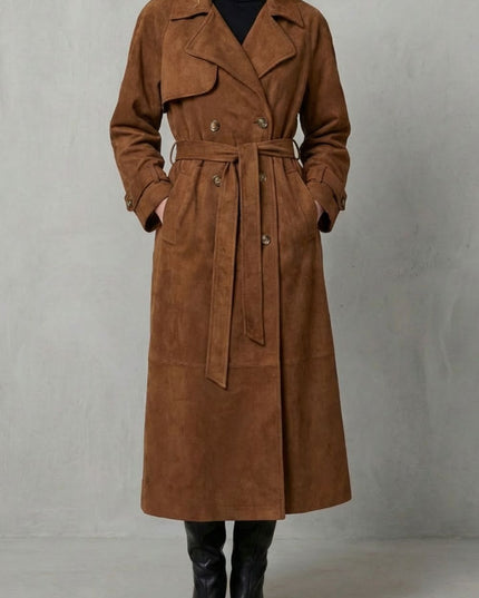 Women's Brown Suede Double Breasted Trench Coat
