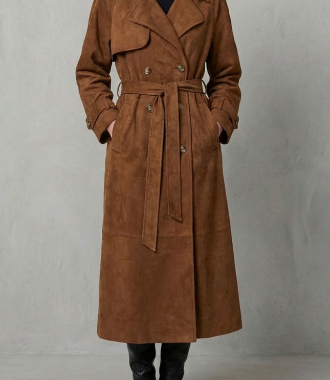 Women's Brown Suede Double Breasted Trench Coat