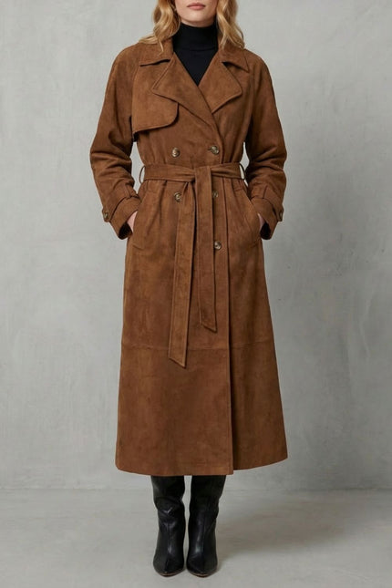 Women's Brown Suede Double Breasted Trench Coat