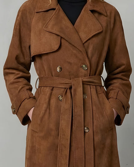 Women's Brown Suede Double Breasted Trench Coat