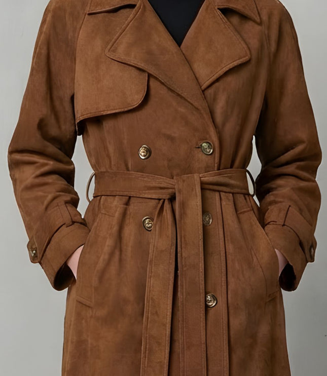 Women's Brown Suede Double Breasted Trench Coat