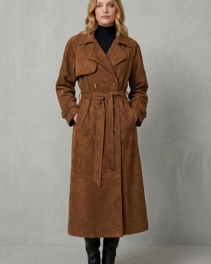 Women's Brown Suede Double Breasted Trench Coat