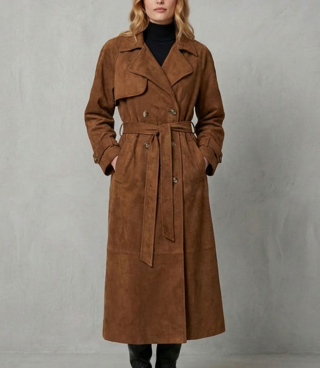Women's Brown Suede Double Breasted Trench Coat