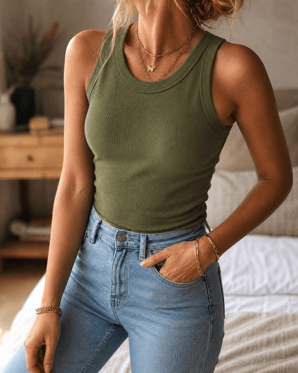 Women's Built In Bra Ribbed Racerback Summer Tank Top