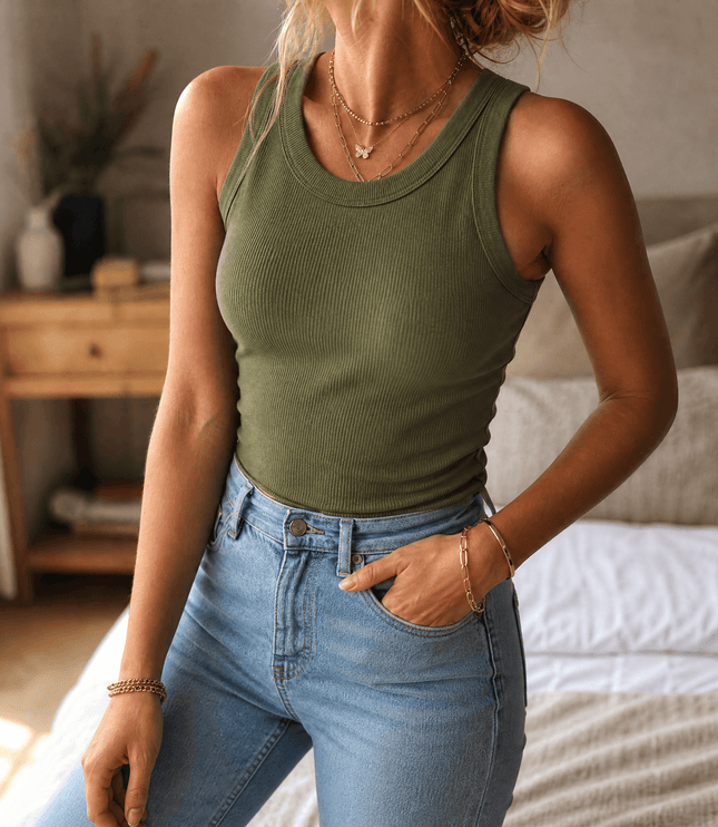 Women's Built In Bra Ribbed Racerback Summer Tank Top