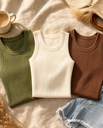 Women's Built In Bra Ribbed Racerback Summer Tank Top