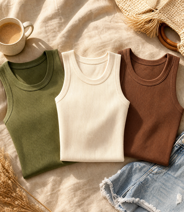Women's Built In Bra Ribbed Racerback Summer Tank Top