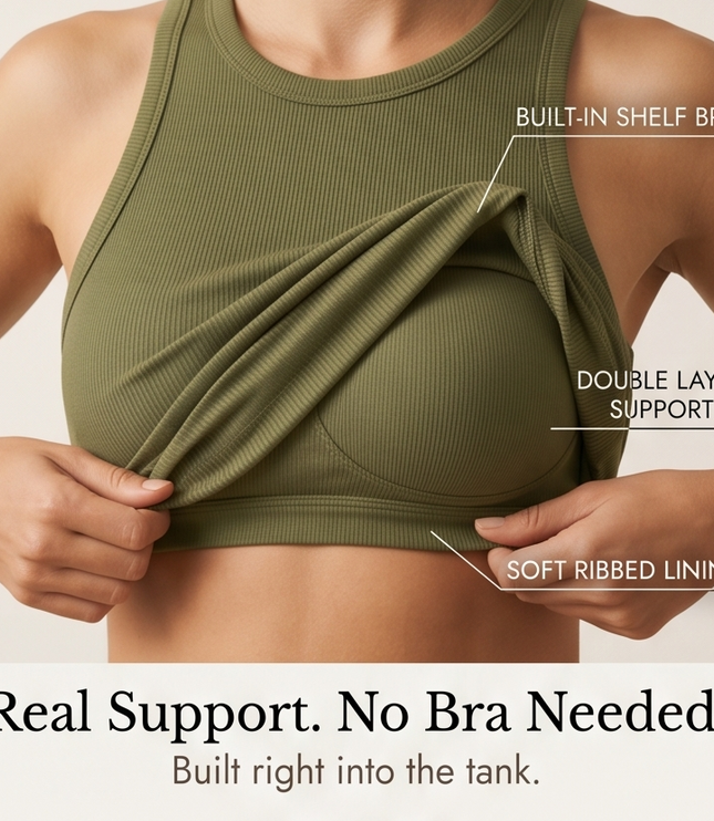 Women's Built In Bra Ribbed Racerback Summer Tank Top