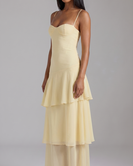 Women's Butter Yellow Floral Garden Wedding Guest Midi Dress