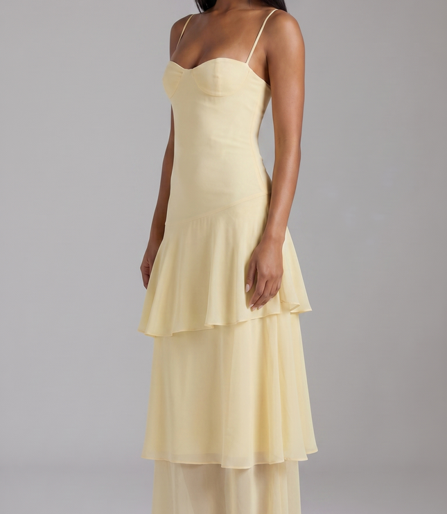 Women's Butter Yellow Floral Garden Wedding Guest Midi Dress