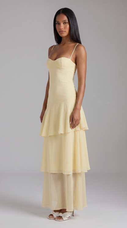 Women's Butter Yellow Floral Garden Wedding Guest Midi Dress