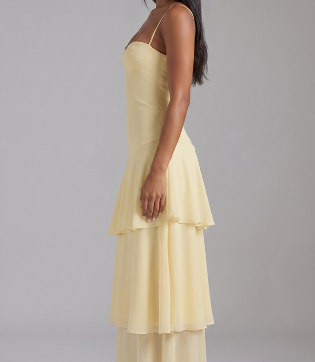 Women's Butter Yellow Floral Garden Wedding Guest Midi Dress