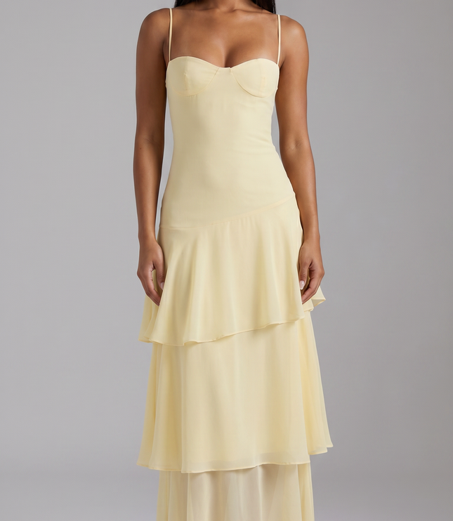 Women's Butter Yellow Floral Garden Wedding Guest Midi Dress