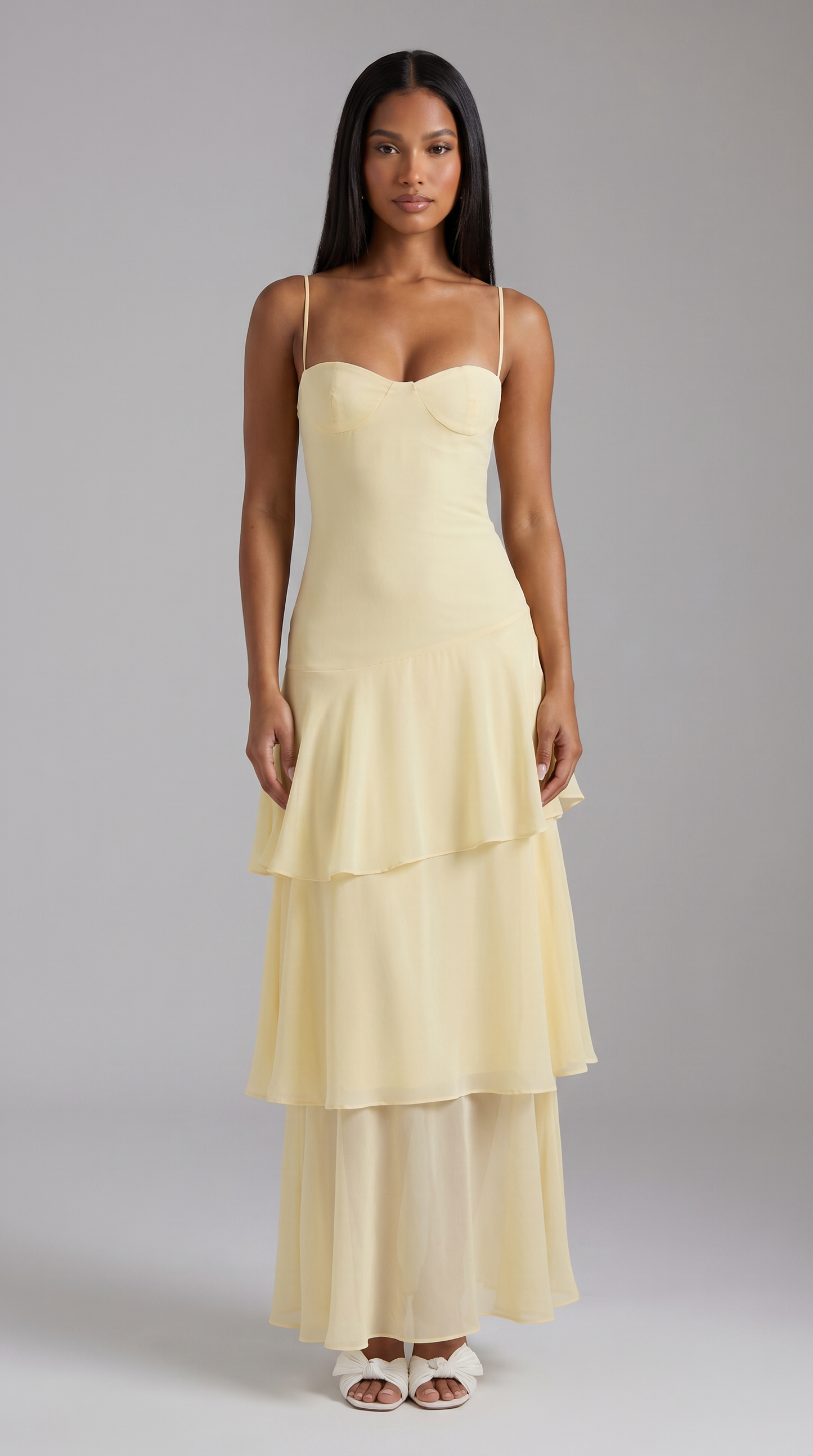 Women's Butter Yellow Floral Garden Wedding Guest Midi Dress