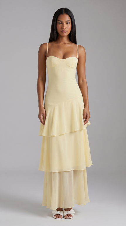 Women's Butter Yellow Floral Garden Wedding Guest Midi Dress