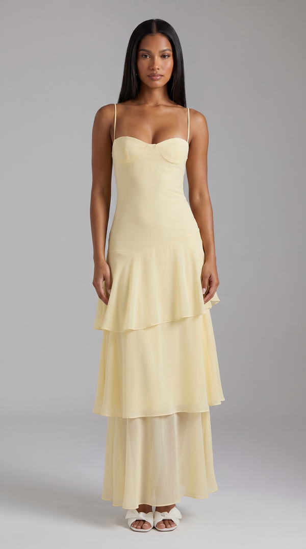 Women's Butter Yellow Floral Garden Wedding Guest Midi Dress