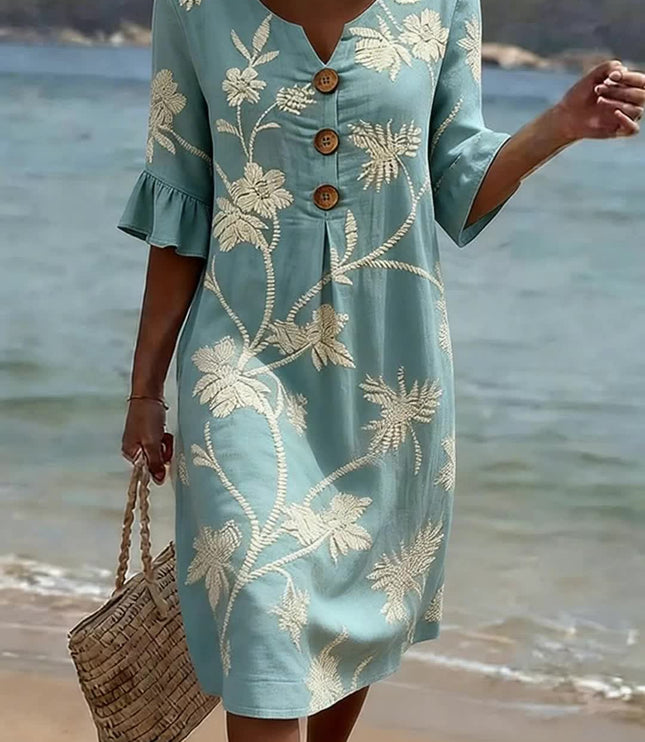 Women's Button-Front Dress in Floral Print with Flared Cuffs